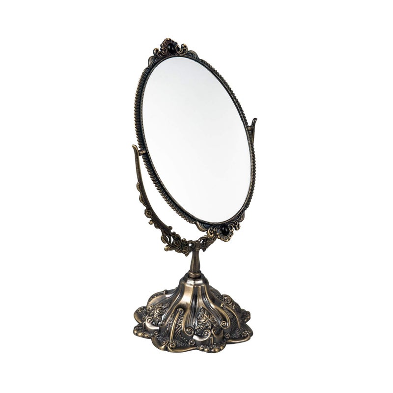 Feyarl Small Metal Vintage Makeup Mirror Floral Tabletop Oval Vanity Swivel Double Sided Mirror with Stand Elegant Decorative for Dressing Room Bedroom (Bronze) - Image 1